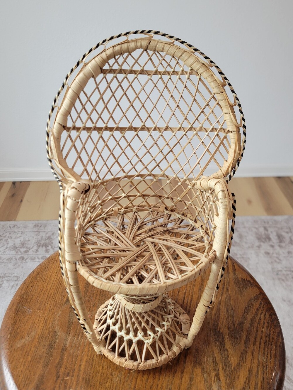 Antique Rattan Peacock Chair Plant Holder Woven Boho Decor 12”